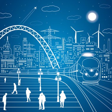 Hatları tren köprüsü üzerinde vektör, ışık şehir, insanlar yürüyüş kare üzerinde arka plan üzerinde tren