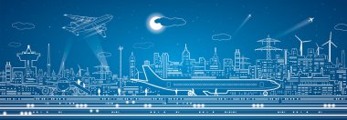 Havaalanı panorama, uçak pist, uçak kalkış, şehir altyapı arka plan üzerinde, 