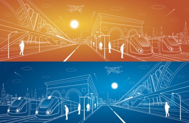Tren İstasyonu, büyük köprü, köprü, bekleyenler tren, endüstriyel ve taşıma illüstrasyon, metro, city road, tren hareket Tasarım sanat vektör