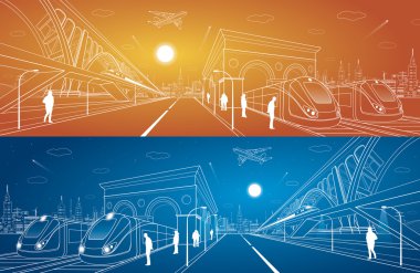 Railway station, big bridge, train move on the bridge, people waiting for the train, industrial and transport illustration, metro, city road, vector design art clipart