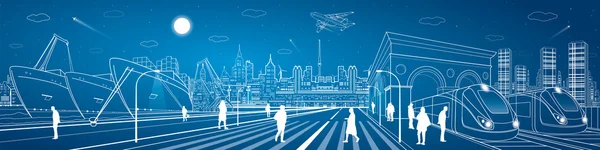 Kargo Liman Panoraması, tren tren istasyonundaki Meydanı, endüstriyel ve taşıma panorama, gece city, uçak sinek, insanlar gemi su, vektör tasarım sanat