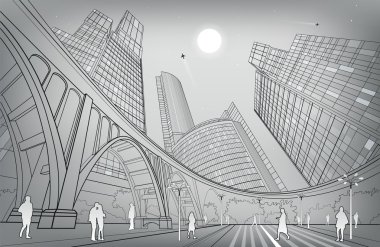 Büyük köprü, arka planda gece şehir, endüstriyel ve altyapı illüstrasyon, beyaz çizgiler manzara, insanlar meydanda yürümek, gümüş versiyonu, vektör tasarım sanatı