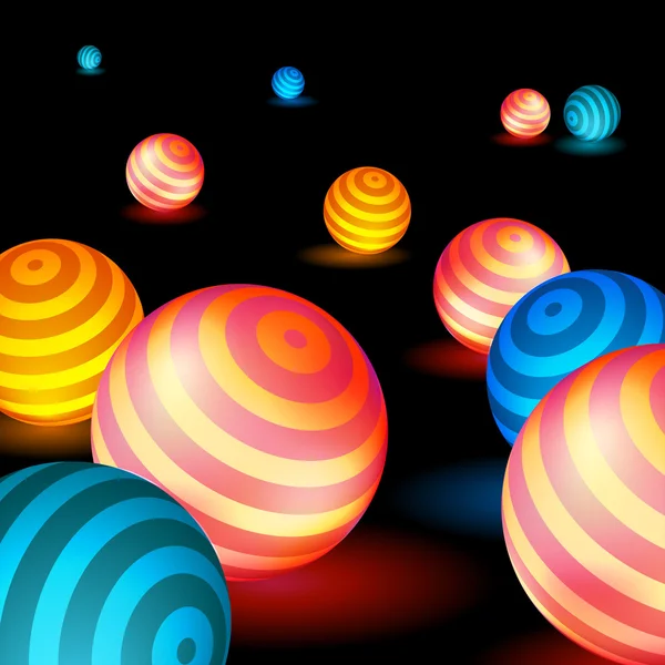 Esferas brilhantes encontram-se na superfície, as bolas de néon, abstração brilhante — Vetor de Stock