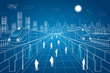 Kare, köprüler, gece şehirde arka plan, ofis binaları, vektör tasarım sanat üzerinden gidiyor tren insanlar yürümek