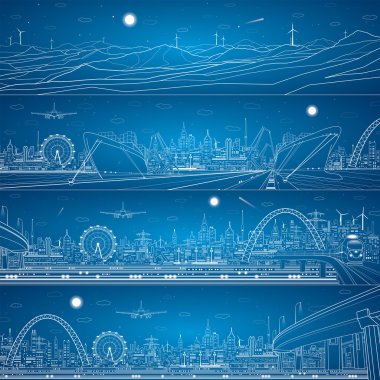 Vektör endüstriyel ve ulaşım panoramik mega ayarla, kargo liman, gece city, tren Köprüsü, vektör satırları peyzaj, gece city, uçak sinek, vektör tasarım sanat