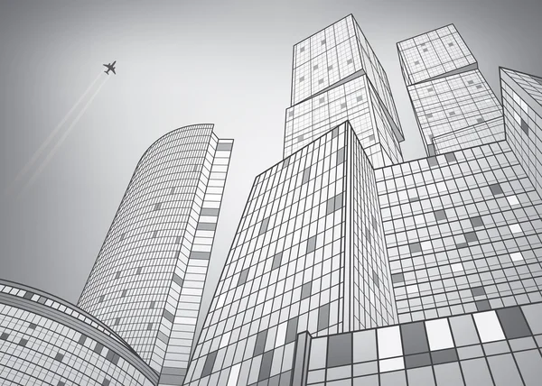 Construção de negócios, cidade de prata, ilustração de infra-estrutura, arquitetura moderna, arranha-céus, avião voando, arte de design vetorial —  Vetores de Stock
