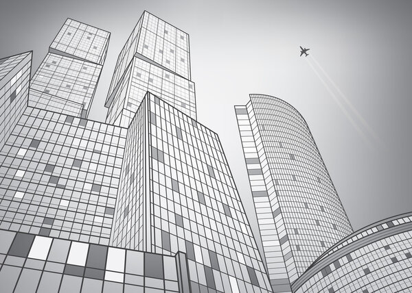 Business building, silver city, infrastructure illustration, modern architecture, skyscrapers, airplane flying, vector design art