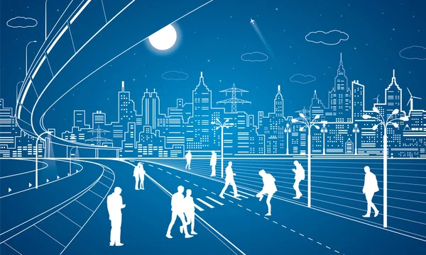 Neon city, les gens traversent la route, les lignes blanches ville, art vectoriel design — Image vectorielle