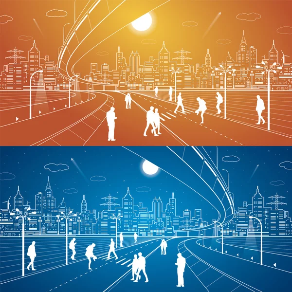 霓虹城市人交叉路，白线镇，矢量设计艺术 — 图库矢量图片