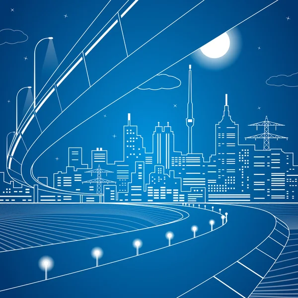 矢量线桥和交通立交桥、 能源城市、 基础设施设计 — 图库矢量图片
