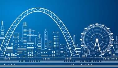 Neon şehir, beyaz çizgiler, gece kasaba, dönme dolap ve aks, vektör tasarım sanat