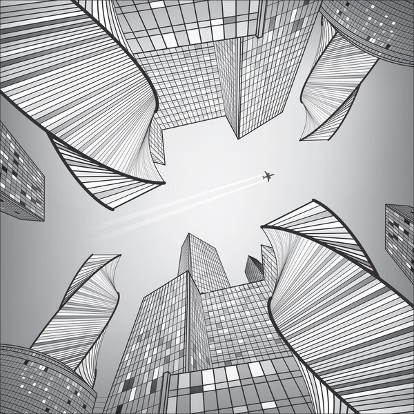 Business building, silver city, urban life, infrastructure illustration, modern architecture, skyscrapers, airplane flying, vector design art