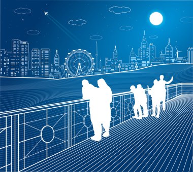 Şehir sahne, insanları köprüden izlemek şehrin manzarası, sokak hayatı, dönme dolap, arka plan, şehirde gece Tasarım sanat vektör
