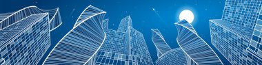 İşletme binası, mega Panoraması gece city, kentsel sahne, altyapı illüstrasyon, modern mimari, gökdelenler, uçuş, uçak vektör tasarım sanat