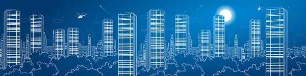 Éjszakai város mega panoráma. Felhőkarcolók, fehér vonalak, városi skyline, repülni helikopterek, város neon, üzleti épület, vector design art — Stock Vector