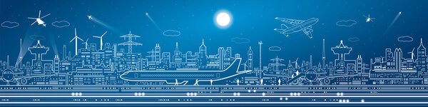 Airport mega panorama, aircraft on runway, airplane takeoff, transport and infrastructure, night city on background, vector design art