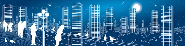 Vita di città panorama incredibile. skyline urbano, persone che guardano dal ponte alla notte megalopoli, illustrazione delle infrastrutture, arte del design vettoriale — Vettoriale Stock