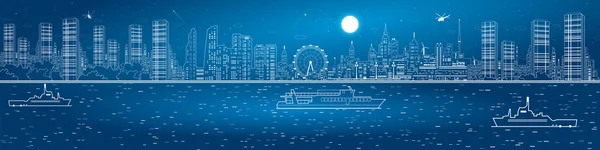 Nacht Stadt erstaunliches Panorama. Stadtsilhouette. Fluss und Nacht Megalopolis, Schiffe auf dem Wasser. Infrastruktur und Transport Illustration, Vektordesign Kunst — Stockvektor