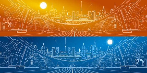 Grand pont, ville panoramique incroyable, ville de jour et de nuit. Architecture et illustration d'infrastructure. Lignes blanches paysage, dessin vectoriel art, jour et nuit — Image vectorielle