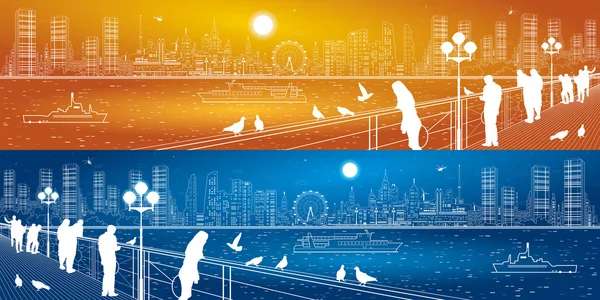 Stadtpanorama. Stadtsilhouette. Menschen, die von der Brücke auf den Fluss und die Megalopolis schauen, Schiffe auf dem Wasser. Infrastruktur und Transport Illustration, Vektor Design Kunst, Tag und Nacht — Stockvektor