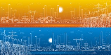 Hidro elektrik santrali, enerji hatları, panoramik sanayi, altyapı, gece ve gündüz, vektör tasarım sanat
