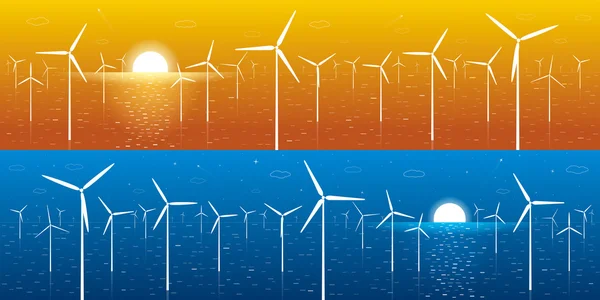 Ecology panorama, windmills, turbines at sea, wind force, energy illustration, day and night, vector design art — Stock Vector