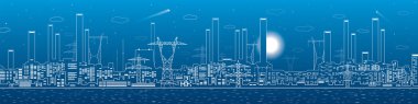 Santral, elektrik hatları, enerji ve sanayi panoramik, altyapı, vektör tasarım sanat