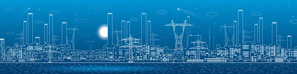 Santral su, elektrik hatları, enerji ve sanayi panoramik, altyapı, vektör tasarım sanat