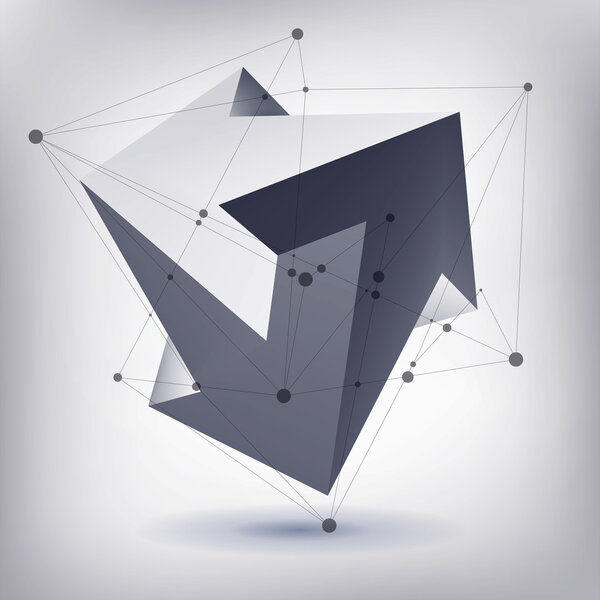 Невозможная форма, нереальные стрелки, 3 стрелки вектор, кристалл, 3D низкой геометрии полигона, абстрактный векторный объект, версия сетки, линии и точки
