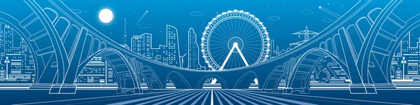 Big bridge, amazing panorama of night city. Architecture and infrastructure illustration. Ferris wheel, neon town, office buildings, nightlife, vector design art — Stock Vector