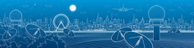 Radars in the woods, communication and technology illustration, weather station, night skyline, neon city, urban scene, vector design art clipart