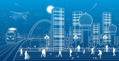 Kentsel panorama, dükkanlar ve alışveriş merkezleri, tren sürmek köprüde, insanlar yürümek kare, kentin altyapı, neon şehir, uçak sinek, vektör tasarım sanat