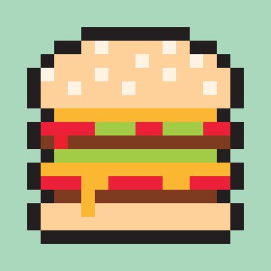 Piksel sanat, minimalist hamburger, düz lokanta, vektör tasarım nesnesi, web simgesi