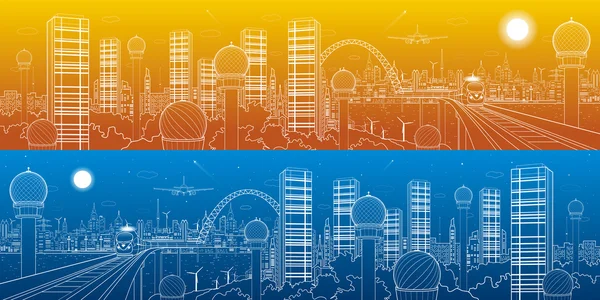 Stad en vervoer futuristische panorama, trein op de brug, de skyline, de toren en wolkenkrabbers, communicatietechnologie, witte lijnen landschap, dag en nacht de stad, vliegtuig vliegen, vector design kunst — Stockvector