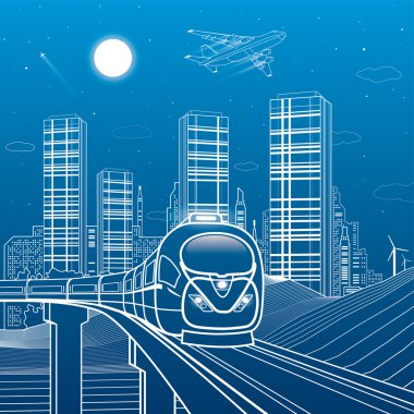 Tren hareket köprüde, dağlar, gece şehir arka plan, kuleleri ve gökdelenler, altyapı ve ulaşım illüstrasyon, uçak sinek, beyaz çizgiler, vektör tasarım sanat