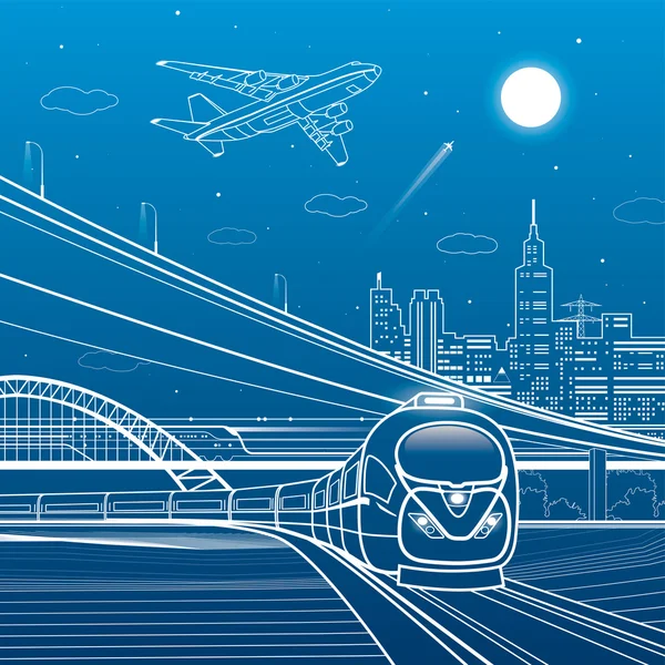 Автомобільна естакада, поїзд, міська інфраструктура, міська територія, злітає літак, поїзд, транспортна ілюстрація, векторне дизайнерське мистецтво — стоковий вектор