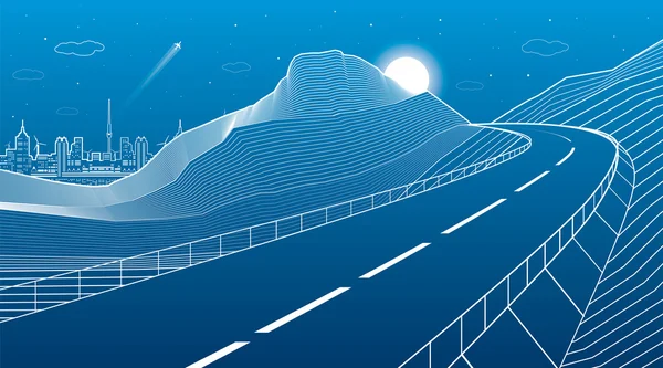 Autobahn in den Bergen, Nachtszene, Neonstadt im Hintergrund, weiße Linien Landschaft, Vektor-Design-Kunst — Stockvektor