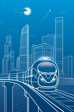 Tren hareket. İş Merkezi, mimari, taşıma ve kentsel illüstrasyon, neon şehir, beyaz çizgiler kompozisyon, gökdelenler ve kuleleri, vektör tasarım sanat