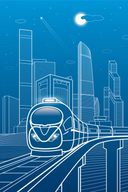 Tren hareket. İş Merkezi, mimari, taşıma ve kentsel illüstrasyon, neon şehir, beyaz çizgiler kompozisyon, gökdelenler ve kuleleri, vektör tasarım sanat