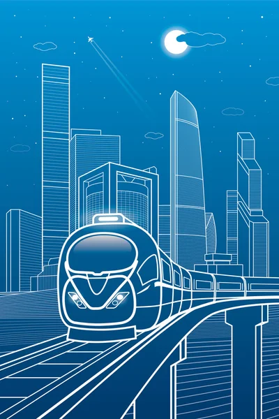 火车移动。商务中心、 建筑、 运输和城市图、 霓虹城市、 白线组成，摩天大楼和塔，矢量设计艺术 — 图库矢量图片