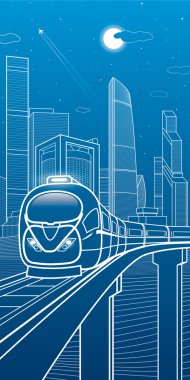 Tren köprüsü üzerinde hareket ettirin. İş Merkezi, mimari, taşıma ve kentsel illüstrasyon, neon şehir, beyaz çizgiler kompozisyon, gökdelenler ve kuleleri, vektör tasarım sanat
