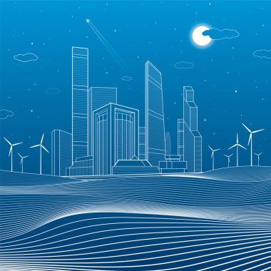 Kum dağ, mimari ve kentsel illüstrasyon, neon şehir, beyaz çizgiler kompozisyon, gökdelenler ve kuleleri, Rüzgar türbinleri, vektör tasarım Sanat İş Merkezi
