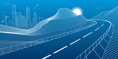 Otoyol dağlar, gece çekimi, arka plan, beyaz çizgiler manzara, vektör tasarım sanat neon şehir ve iş binaları