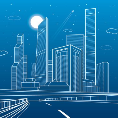 Otoban. İş Merkezi, mimari ve kentsel illüstrasyon, neon şehir, beyaz çizgiler kompozisyon, gökdelenler ve kuleleri, vektör tasarım sanat