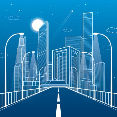Otoban. Yol aydınlatma fener. İş Merkezi, mimari ve kentsel illüstrasyon, neon şehir, beyaz çizgiler kompozisyon, gökdelenler ve kuleleri, vektör tasarım sanat