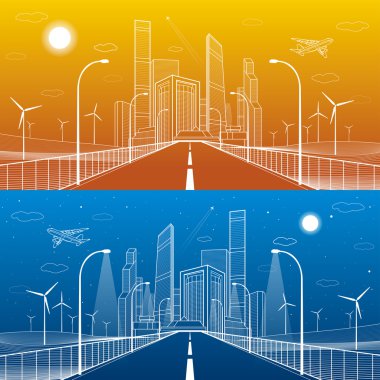 Otoban. Yol aydınlatma fener. İş Merkezi, mimari ve kentsel illüstrasyon, neon şehir, beyaz çizgiler kompozisyon, altyapı, gökdelenler ve kuleleri, gece ve gündüz, vektör tasarım sanat