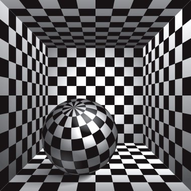 Birim ekose küre. İçi ekoseli Oda. Siyah ve beyaz hücre kutusu içinde bir top. 3D satranç tahtası, vektör tasarım arka plan ve nesne