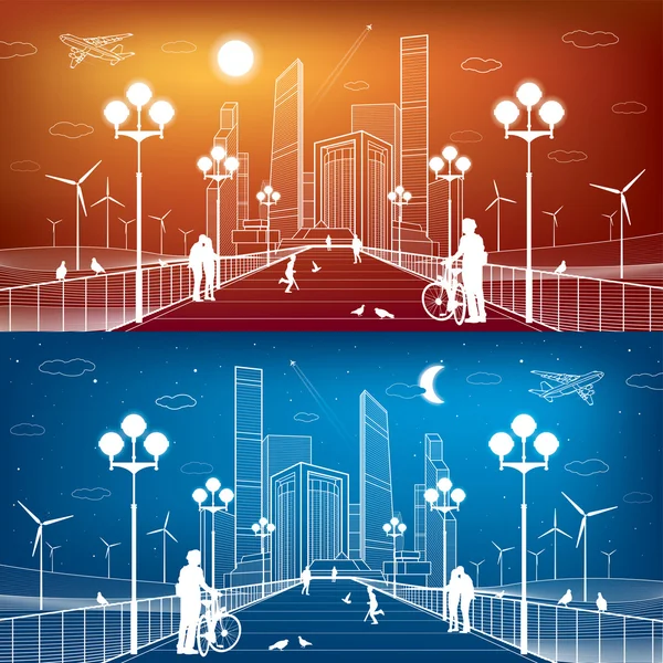 Cena da cidade. Luzes de rua. Centro de negócios, arranha-céus e torres. Ilustração da infra-estrutura, cidade futurista, turbinas eólicas, mosca do avião, povos que andam na ponte. Linhas brancas, arte de design vetorial Ilustrações De Bancos De Imagens Sem Royalties