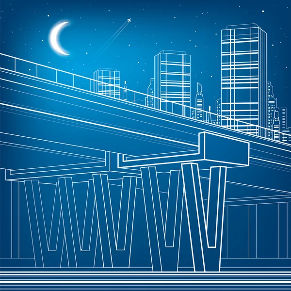 Flyover, architectural and infrastructure illustration, transport overpass, highway, white lines urban scene, night city on background, vector design art — Stock Vector