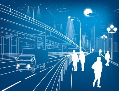 Otomotiv köprü, kamyon seyahatleri, mimari, altyapı ve ulaşım illüstrasyon, taşıma Üstgeçit, insanlar yürüyüş, Otoban, beyaz çizgiler, kentsel sahne, gece city, vektör tasarım sanat